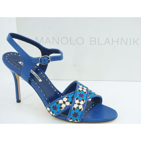 Manolo Blahnik Talitha Linen Strap Blue Floral Sandals size 39.5 Ankle - Picture 1 of 11
